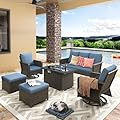 Yechen Patio Furniture Set 6 Peices with 44" Propane Gas Fire Pit Table -2 Wicker Swivel Rocking Chair, Outdoor Sectional Furniture Set with-4.3'' Cushion Conversation Sofa Set for Porch,Backyard