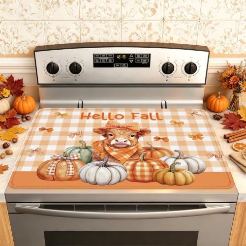 Image of Hello Fall Highland Cow Stove Top Cover for Electric Stove 28 inch x 20 inch, Pumpkin Glass Cooktop Protector, Non-Slip Rubber Glass Top Stove Cover, Farmhouse Thanksgiving Kitchen Decor