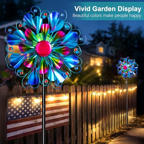 Image of Solar Wind Spinner Outdoor Metal - Peacock Kinetic Garden Sculptures with Color-Changing LED Lights, Waterproof Wind Catchers Yard Art Decor for Patio Lawn, for Women