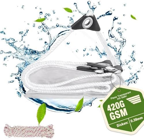Transparente Plane mit Ösen Wasserdicht, mehrere Größen,420g/m² PVC, 2.5x3m | Winterfest, Durchsichtige Abdeckplane für Schutz Pflanzengewächshaus Gartenmöbel LKW Brennholz Boot