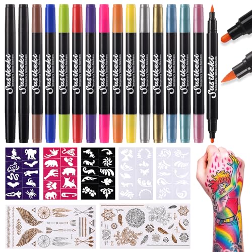 Temporary Tattoo Markers for Skin,15PCS Dual-Ended Tattoo Pen + 50 Paint Stencils + 43 Tattoos Stickers,Glitter & Matte & Neon Glow Body Marker Set, Removable Fake Tattoos Kit for Teens and Adult