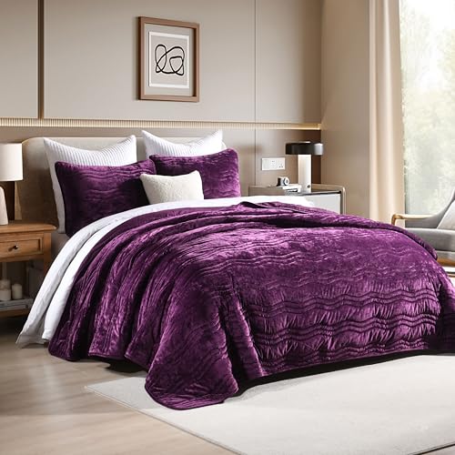 Image of Velvet Quilt, Purple King Size Comforter Set, Luxury Bedding,Soft Plush King Bedspread, Machine Washable Coverlet,All-Season 3 Pieces