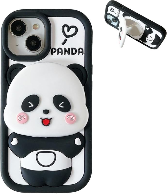Image of COVERLY 3D Panda Mirror Cartoon Stand Case,Premium Silicone Full Protective Case Cute Bear Love with Phone Holder Cool Makeup Mirror Kawaii Aesthetic Cover for Apple iPhone 15 Pro Max