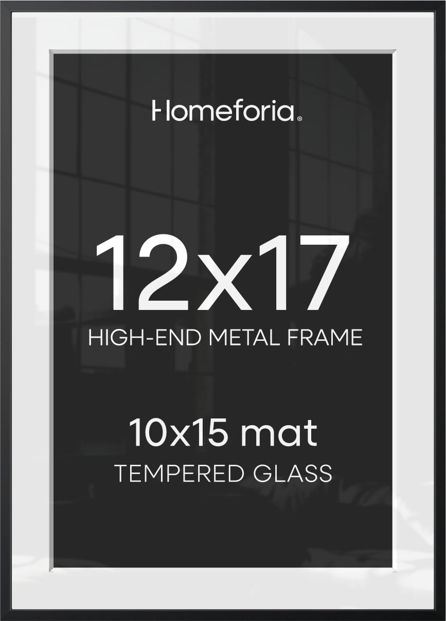 Homeforia 12x17 Black Picture Frame, High-End Metal, 10x15 Mat, Glass
