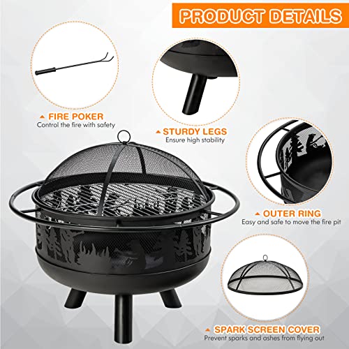 Giantex Round Fire Pit, 30 Inch Outdoor Wood Burning Fire Bowl With Fire Poker & Cooking Grill Grid, Spark Screen Cover, Heavy-Duty Metal Firepit For Patio Barbecue Camping Bonfire Party (Black) #TOP3