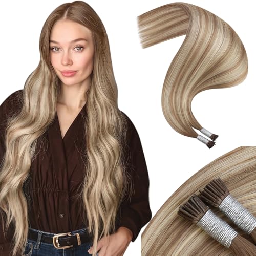 Image of Moresoo Itip Human Hair Extensions, Sun-Kissed Blonde Light Brown, 14 Inch | 40g 50 strands, stick-tip design for micro ring installation, itip human hair extensions for weddings and styled looks