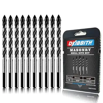 10-Piece 5/32" Masonry Drill Bits for Tile Glass Ceramic Wall Brick Stone Soft-Metal Wood, 1/4 Inch Concrete Drill Bits Cement Drill Bit Set, 3-Flat Shank, YG8 Carbide Tungsten Steel Alloy Tip 4mm