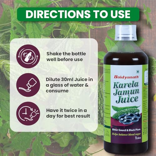 Image of BAIDYANATH AYURVED Karela Jamun Juice 1 L | Natural Remedy For Blood Sugar Management | Helps in Reducing the Bad Cholesterol Levels & Improves overall Health and Wellness (Pack of 3)