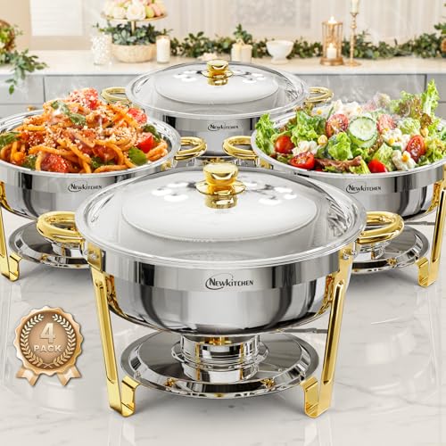 Chafing Dishes for Buffet 4 Pack, 6QT Round Chafing Dishes for Buffet [Elegant Gold and Silver Colors] Stainless Steel Chafing Dish Buffet Set for Any Party