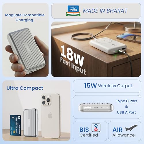 Image of EVM EnMag 17 10000mAh Magnetic Wireless Power Bank, 22.5W Fast Charging, 15W Wireless Charging, Type-C & USB Output, Slim & Lightweight Portable Charger, Compatible with Android & iOS (EVM P0502-S)