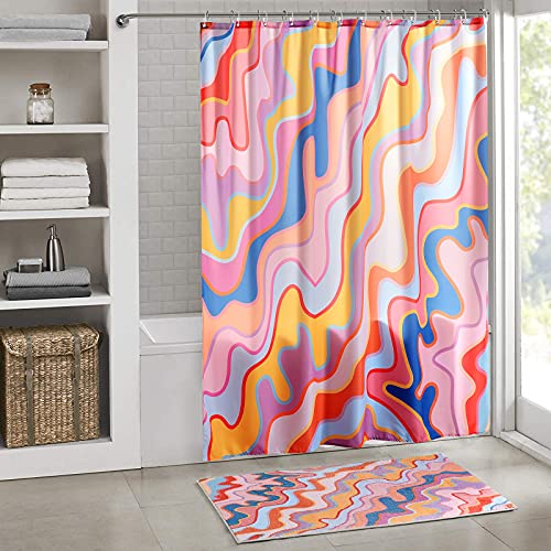 Yokii Vintage Abstract Art Fabric Shower Curtain Pastel Rainbow Colorful Groovy Waves Stripes Geometric Bathroom Shower Curtains Set Aesthetic Retro Minimal Bathroom Decorations (72X72, Colorful) #TOP1