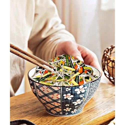 Image of YELONA Japanese Style Ceramic Bowls - 4.8 Inch (300ml), Set of 4 - Checkered Design Rice /Noodle Bowls - Microwave & Dishwasher Safe, Ideal for Gifting Choice