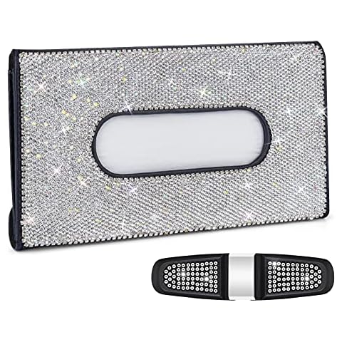 Bling Car Visor Tissue Holder, Sparkling Bling Glasses Holder for Car Sun Visor, Car Tissue Holder Sunglasses Eyeglasses Holder Mount Pu Leather mask holder for Car-Black Cover
