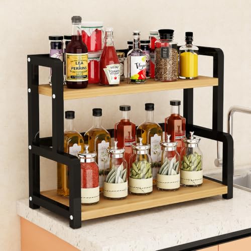 Image of Spice Rack Organizer for Kitchen Countertop, Metal Kitchen Storage Shelf with Wooden Shelves, Pantry Cabinet Organizer for Spice Jars, Oil Bottles, Seasonings, Condiments (Black, 2-Tier)