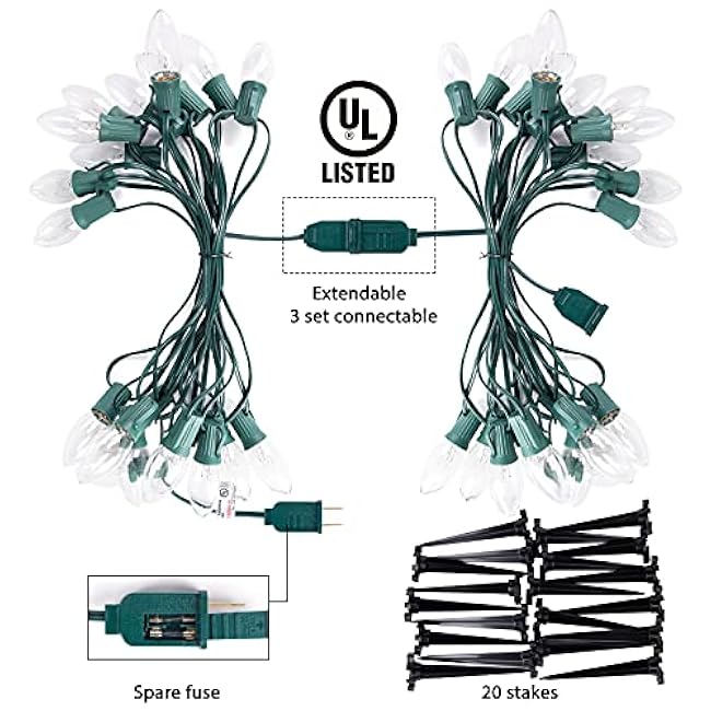 C9 Christmas Lights Outdoor, 25.7 Ft 20 Bulbs Christmas Pathway Lights, Waterproof Walkway Lights for Outside Driveway Sidewalk Outdoor Christmas Decorations Yard, Clear
