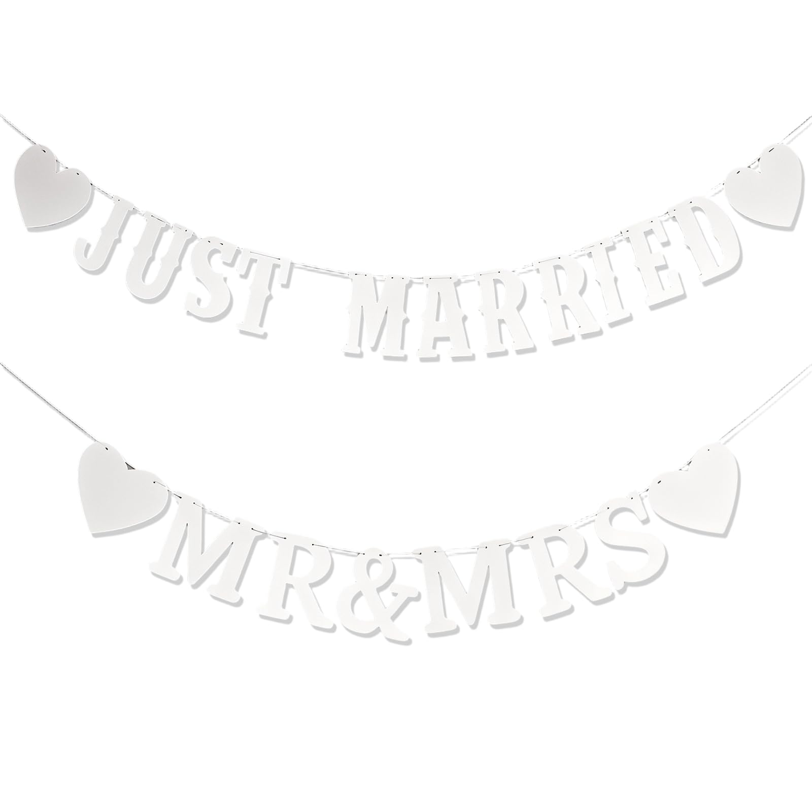 Shensuii 2Pcs Just Married Banner, White Wedding Decorations, Foldable Pre Strung Heart Hanging Sign, Elegant Just Married Sign for Wedding Decor Reception Table Celebration Party