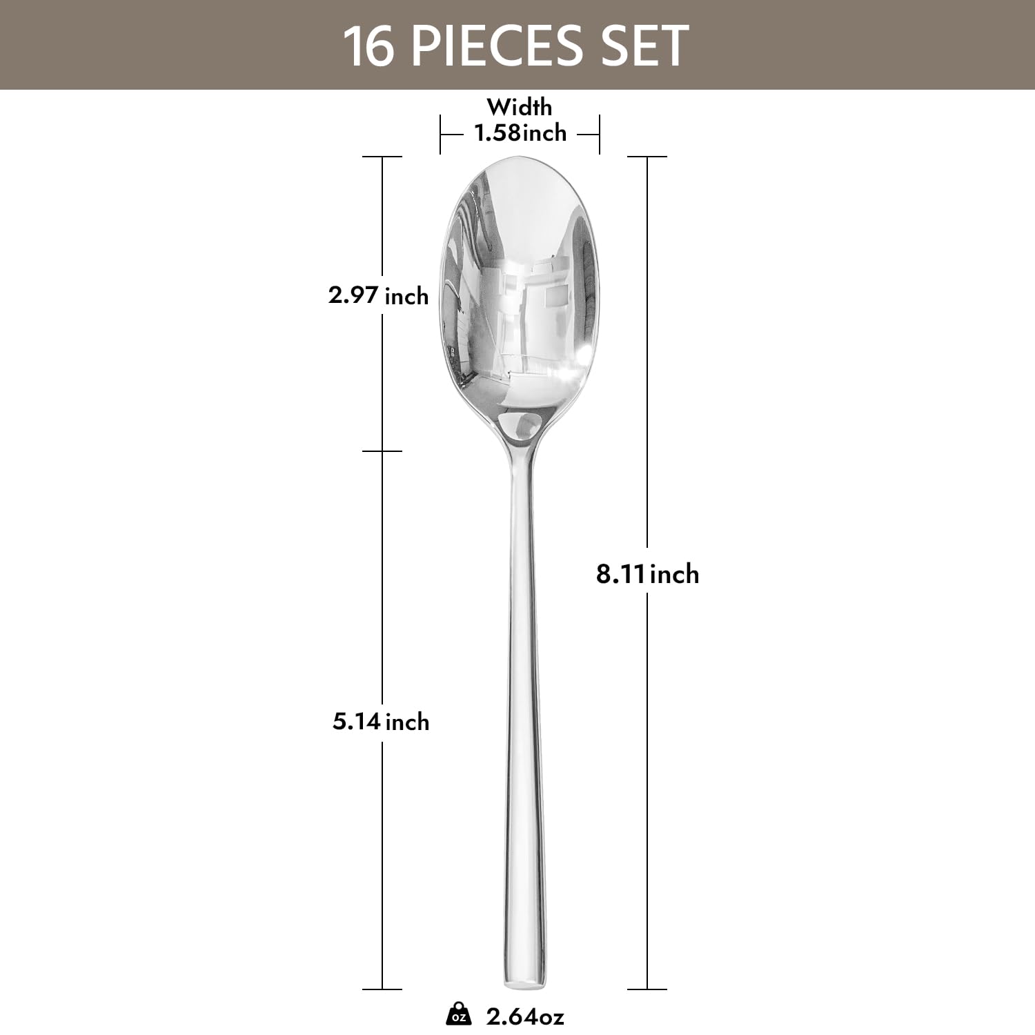 KINGSTONE Esslöffel-Set, 16-teilig, Bestecklöffel, Premium-Edelstahl-Löffel, hochglanzpoliert und spülmaschinenfest, Verwendung für Küche, Zuhause, Hochzeit, Party