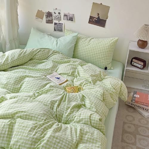 Image of LifeTB Queen Comforter Set Green Gingham Bedding Comforter Set 3 Pieces Brown Grid Bed Comforter with 2 Pillowcases Vintage Checkered Plaid Comforter Fluffy Soft Farmhouse Grid Bedding Set