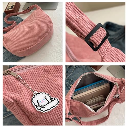 Corduroy Tote Bag with Little Charm Vintage Corduroy Half Moon Shoulder Bag Casual Crescent Tote Underarm Satchel for Women4