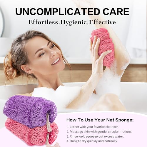 Image of UJFQBH African Net Sponge Authentic 2-Pieces Exfoliating Body Scrubber for Shower & Bath, Deep Cleansing Lather for Dead Skin Removal, Back Scrubber for Women & Men (Pink 、Purple