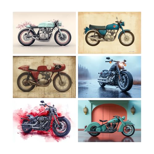 Image of SiddArtify Vintage Motorcycle Wall Art Prints Set - Classic Bike Poster Decor for Living Room Office - 8x12 Sticker Pack of 6