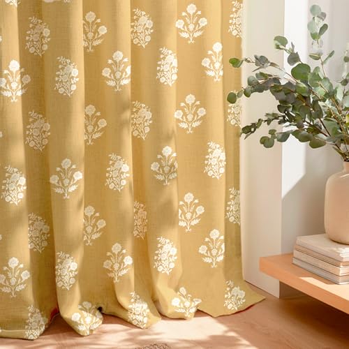 StangH Mustard Yellow Printed Linen Blend Curtains, Autumn Floral...