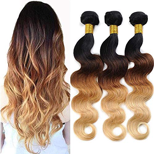 Allnice 9A Ombre Brazilian Body Wave Human Hair 3 Bundles Ombre Brazilian Virgin Hair Weave Bundles 100% Unprocessed Remy Hair Bundles 3 Tone 1b/4/27 (12 14 16inch)