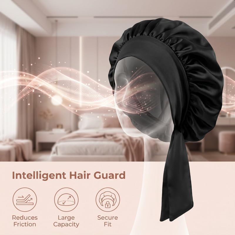 100% Mulberry Silk Bonnet for Sleeping Women, Double-Layer Sleep Cap with Tie Band, Sleep Cap for Hair Care Black