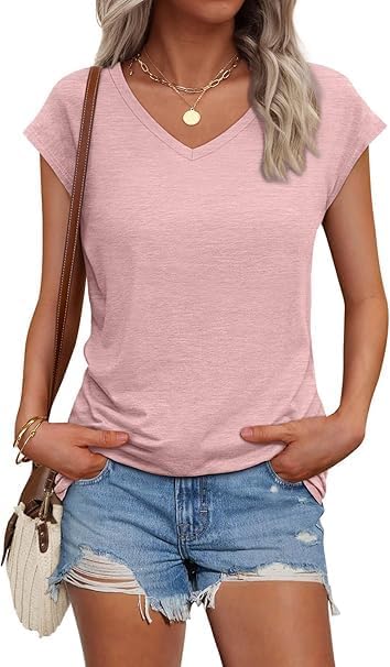 Women's V-Neck Cap Sleeve T-Shirt, Casual Summer Top in Pink