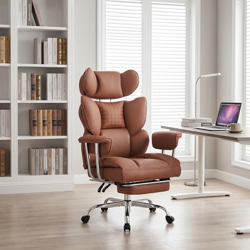 Image of Big and Tall Office Chair 400 LBS, Scratch-Resistant PU Leather Executive Ergonomic Desk Chair with Footrest, Lumbar Support, Wide Reclining Computer Seat for Home Office, Brown