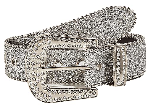 OVOY Womens-Rhinestone-Western-Cowgirl-Belt - Silver Glitter Diamond Western Belt for Jeans Pants (28''-38'' Waist)