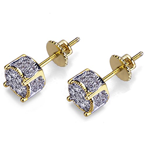 TOPGRILLZ 14K Gold and Silver Plated Iced out CZ Cluster Round Bling Screw Back Stud Earrings for Men and Women Hip Hop Jewelry