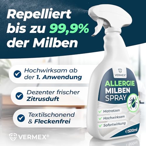 VERMEX® Allergiker Milbenspray für Matratzen 500ml inkl. Profi Videoanleitung - Anti Milben Spray zur Reduktion von Hausstauballergie auslösenden Faktoren im Bett - Made in DE