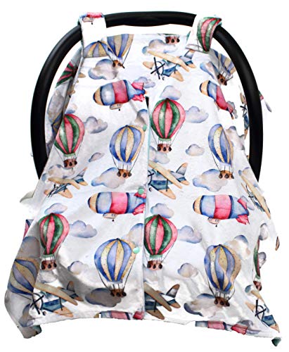 Image of Dear Baby Gear - Baby Car Seat Canopy - Infant Car Seats Covers - Carseat Canopies for Boys & Girls - Toddler Carseat Cover w /Snap Opening (Airplanes, Zeppelins, Hot Air Balloons, Opal Blue 40 inchx30 inch)