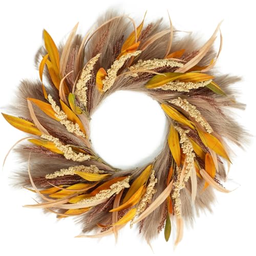 Fall Wreath 22-24inch Autumn Door Wreath with Yellow Leaves, Light...