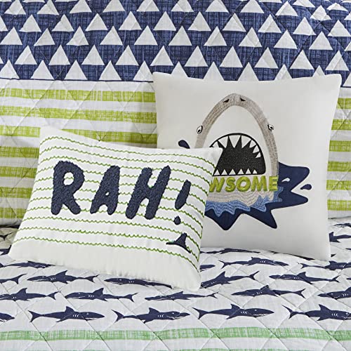 Urban Habitat Kids Reversible Cotton Quilt Set - Vibrant Fun, Playful Print, All Season Children Bedding Coverlet Bedspread, Decorative Pillow, Bedroom Décor, Full/Queen, Shark Green/Navy 5 Piece #TOP4