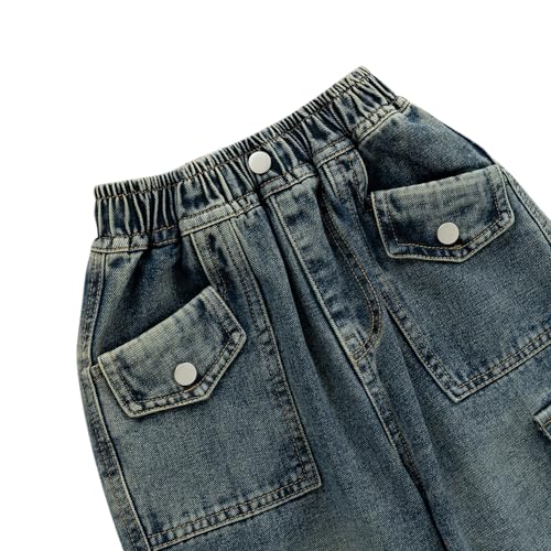 Girls Cargo Wide Leg Jeans Y2K Kids Loose Fit Boyfriend Denim Baggy Pants with Multi Pockets, 5-15Yrs4