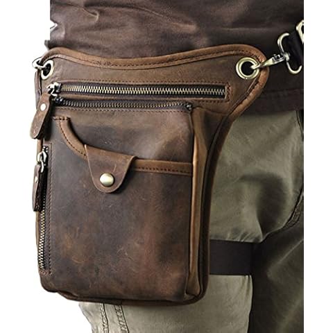 Hiking Waist Pack Leather Drop Leg Bag for Men Women Multi-Purpose Motorcycle Bike Outdoor Travel Sports Tactical Riding Hiking Camping Belt Bum Pouch Small Shoulder Bag Deep Brown Cover