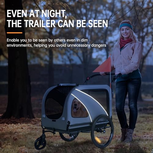 Fiximaster 2-in-1 XXL Fahrradanhänger für Hunde, Faltbarer Hundeanhänger mit Dachöffnung, Reflektoren & Reflexstreifen, Universal-Fahrradkupplung, Höhenverstellbarem Schiebegriff (Grau)