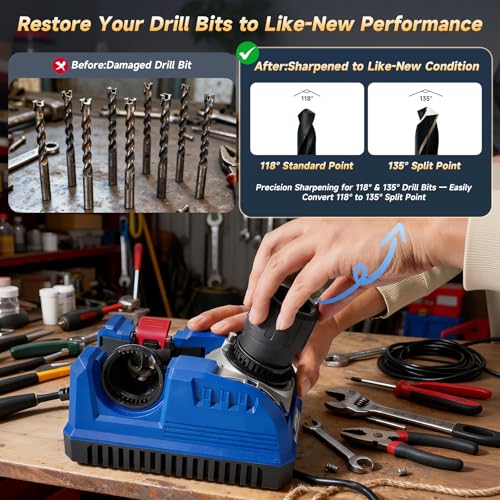 Drill Bit Sharpener for All Bits 3/32-3/4\", High-Speed Portable Power Drill Bit Sharpeners, Adjustable 115°-140° Angles Drill Sharpener, Sharpens HSS, Carbide Steel, Masonry, Cobalt, Tin-Coated Bits