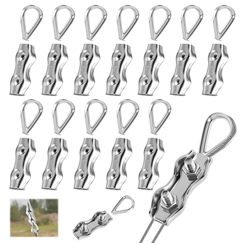 Bubuny 24 Pezzi M3 Morsetto Duplex per Fune Metallica con Ditale, Morsetti Stendibiancheria, Morsetti per Cavo Acciaio Inox 304 per Funi Metalliche da 3mm Giardino, Patio e Vele da Sole