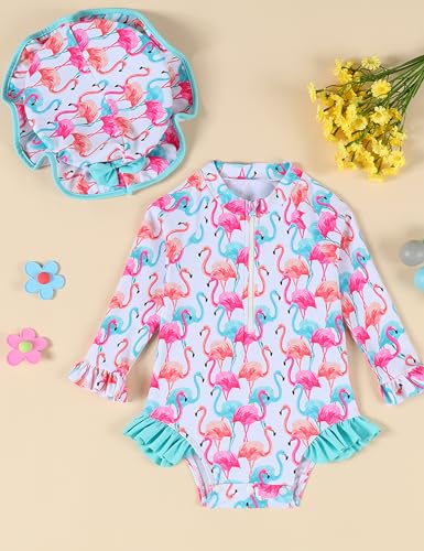 Puseky Newborn Baby Girls One Piece Swimsuit Zip Rash Guard With Hat Set Long Sleeve Baby Girl Flamingos Bathing Suit 12-18 Months thumb #1
