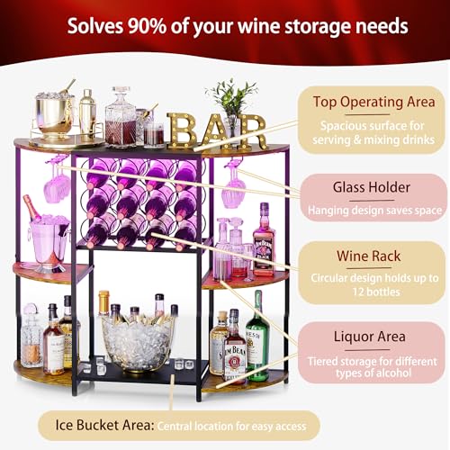 JKsmart Wine Bar Cart with LED Lights, Mini Wine Rack with Storage and Glass Holder, Small Home Bar Cart for Liquor, 3-Tier Bar Table for Kitchen, Dining Room, Living Room, Rustic Brown by JKsmart - Used condition - Image 2
