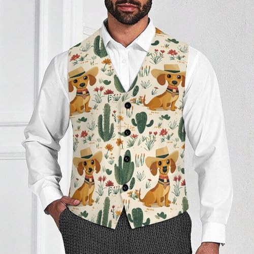 Vintage Cactus Dachshund Men's Suit Vests Business Formal Dress Vest V-Neck Waistcoat for Wedding Casual2