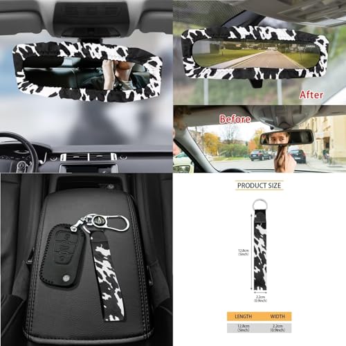 Wanyint Black Cow Print Car Seat Cover Split Covers for Women Men, Car Steering Wheel Cover Seat Belt Strap Pad Trash Bag Mount Phone Holder Rearview Mirror Accessories Cup Holder Key Chain, 15 PCS by Wanyint - Used condition - Image 7