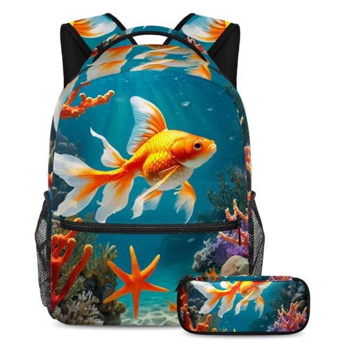 Sac à dos avec trousse poisson rouge mignon multicolore pour école