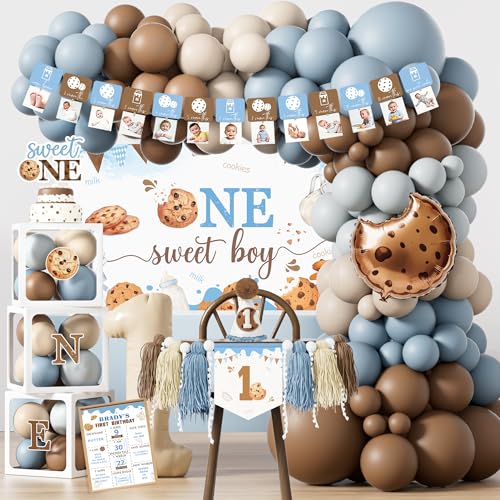 One Sweet Boy Birthday Party Decorations Milk and Cookies 1st Birthday Party Decor for Boys One Sweet Cookie Milk Theme Balloon Garland Kit with Banner Boxes for One Year Old Boy Party