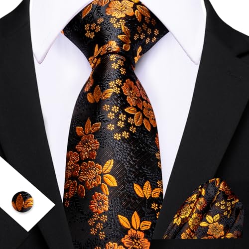 Image of Barry.Wang Flower Ties for Men Handkerchief Cufflinks Set Wedding Necktie Set Party