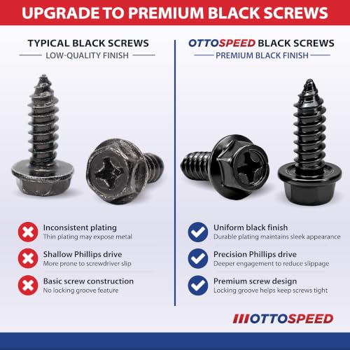 Image of OttoSpeed Rustproof License Plate Screws for US Domestic Vehicles & Select Imports - Stainless Steel Bolts for Vehicles that Use Plastic Inserts (8-Pack, Black-Phillips)
