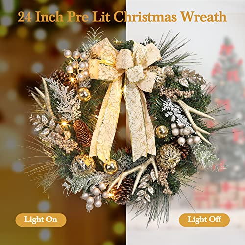 GAOMON 24" Christmas Wreath, Outdoor Christmas Wreath for Front Door, Battery Operated Xmas Wreath with Gold Ball Ornaments Pine Cones Antlers 20 LED Lights for Home Holiday Decor